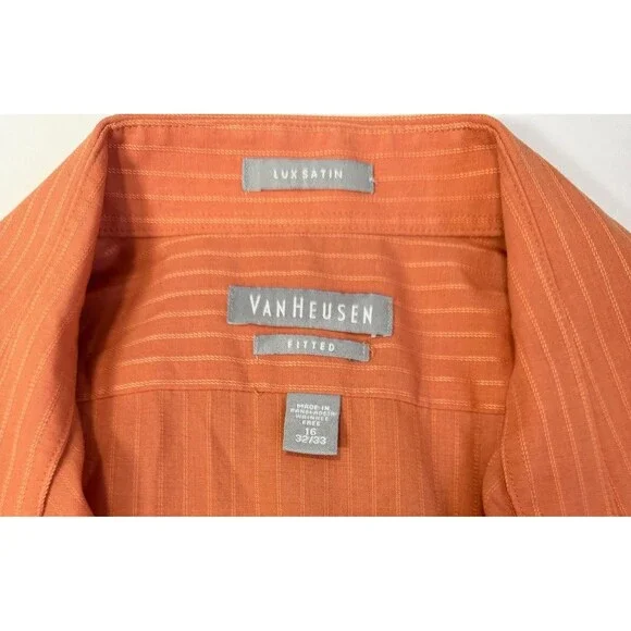 Van Heusen Lux Satin Fitted Dress Shirt Mens 16 32/33 Orange Stripe Button Up. - Picture 6 of 7